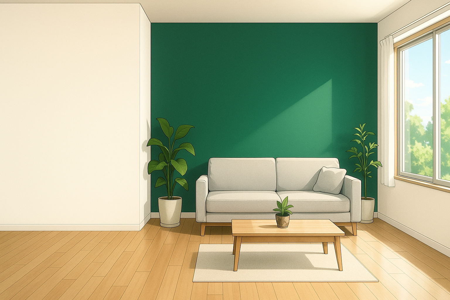 リフォーム後の明るいリビングのイラスト